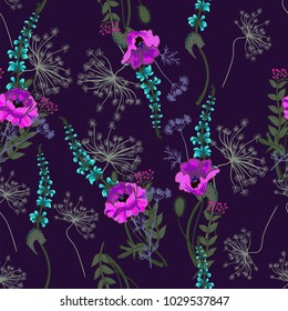 Seamless pattern with poppies and leaves. Dark background flower