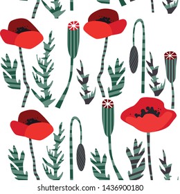 Seamless pattern with poppies and leaves. Vector illustration. 