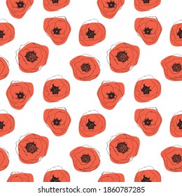 Seamless pattern with poppies. Linear doodle art.