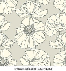 Seamless pattern with poppies. Neutral floral background. Vector illustration