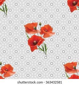 Seamless pattern with poppies on abstract  lacy background. Vector illustration.
  