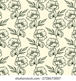 Padrão contínuo com papoulas em um fundo. Ilustração vetorial. Estilo botânico em um fundo branco.