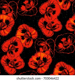 Seamless pattern with poppies on black background. Hand-drawn floral background.