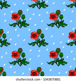 Seamless pattern with poppies on a blue background. For textiles, wrapping paper, Wallpaper.