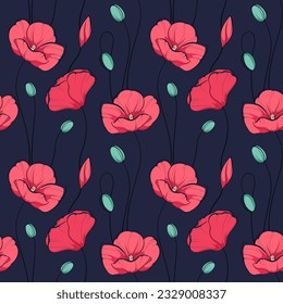 Patrón sin foco con amapolas en un fondo oscuro. Flores silvestres.
