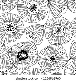 Seamless pattern with poppies on white background. Black and white vector illustration. Outline drawing. Floral background.
