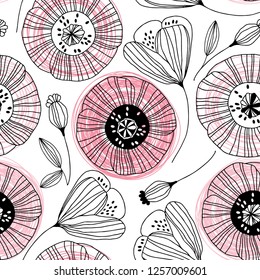 Seamless pattern with poppies on white background. Vector illustration. Outline drawing of flowers with pink hand-drawn circles. Floral background.