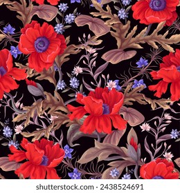 Seamless pattern with poppies and other wild flowers. Vector