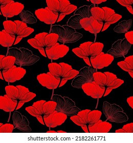 Seamless pattern poppies red on a black background.. Vector illustration