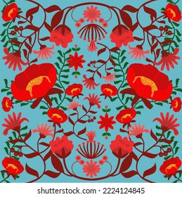 seamless pattern with poppies red, orange, green leaves