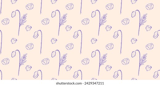 Nahtloses Muster mit Mohn. Frühling oder Sommer Hintergrund. Verpackungsdesign, Textilien im Retro-rustikalen Stil. Vektorgrafik