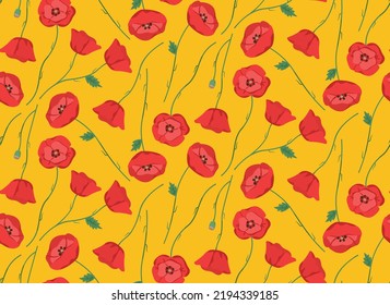 Seamless pattern with poppies. Texture with wildflowers in cartoon style.