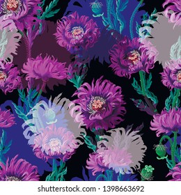 Seamless pattern with  poppies and wild flowers. Vector.