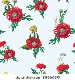Seamless pattern with  poppies and wild flowers. Vector.