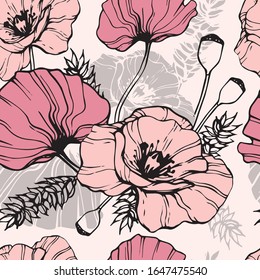 seamless pattern with poppies and wildflowers