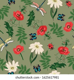 seamless pattern with poppy, chamomile and insect, vector design
