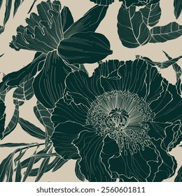 Seamless pattern with poppy, daffodils flowers. The Japanese anemone flowers and stem seamless pattern. 