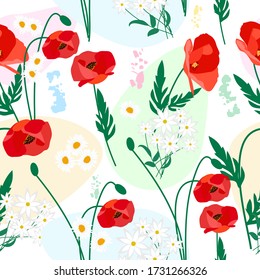 Seamless pattern of poppy and daisies flowers on white background for textile, wallpaper, vector illustration.