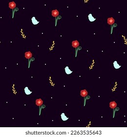 Nahtloses Muster mit Mohnblume und abstrakter Pflanze auf schwarzem Hintergrund. Botanische Illustration für Cover-Design, Innendekor, Einladungskarte, Federstruktur für Textil- und Stoffdesign.