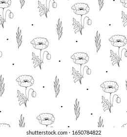 Seamless pattern with poppy flower. Botanical texture for wedding cards. Vector isolated spring floral background for textile.