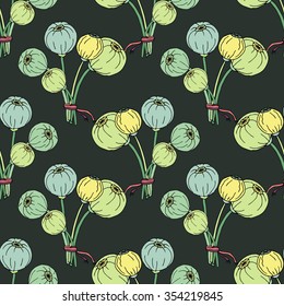 Seamless pattern with poppy flower heads, seeds. Hand drawn vector illustration 