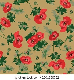 seamless pattern with poppy  flower and leaves, vector design for paper ,fabric and other surfaces