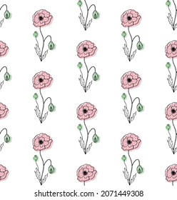 Nahtlose Mohnblume mit Blättern, Knospen und Kapseln. Schwarz auf weißem Hintergrund, Zeichnung mit bunten Flecken im Gravierstil. Botanische handgezeichnete Illustration