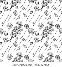 Seamless pattern with poppy flower on white background in brush stroke texture. Hand drawn vector sketch illustration in vintage charcoal ink style. Tissue print, wrapping paper design