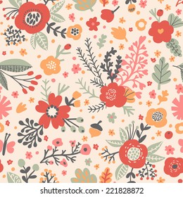 Seamless pattern with poppy flowers and acorns in bright colors