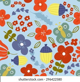 Seamless pattern with poppy flowers and acorns in bright colors
