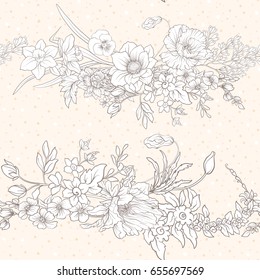 Seamless pattern with poppy flowers,  anemones in botanical vintage style. On beige background. Stock line vector illustration.