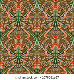 Seamless pattern with poppy flowers in art nouveau style, vector illustration