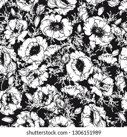 Seamless pattern with poppy flowers. Black and white illustration. Hand drawn vector. 