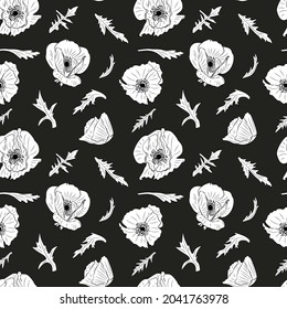 Patrón sin foco con flores de amapola. Fondo floral de arte de línea blanca y negra. Textura botánica vintage. Fondo negro.