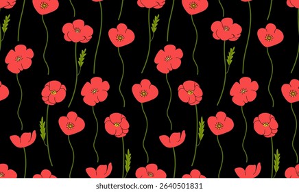 Seamless pattern with poppy flowers. Botanical vector flat background with flowers and leaves	