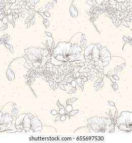Seamless pattern with poppy flowers in botanical vintage style. On beige background. Stock line vector illustration.