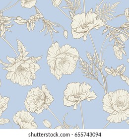 Seamless pattern with poppy flowers in botanical vintage style in pastel colors. Stock line vector illustration.