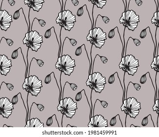 seamless pattern with poppy flowers, buds, leaves, dried flowers, background with decorative plants, botanical elements, for the design of cards, wallpapers, fabric, paper, stylized vector graphics