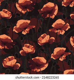 Seamless pattern with poppy flowers and buds. Vector floral dark background. Plants in the sun. Poppy field for print