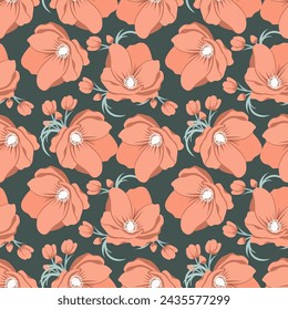 Seamless pattern, poppy flowers and buds on a green background. Textile, wallpaper, vector	
