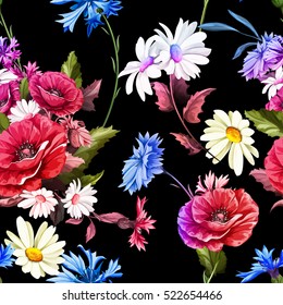 Seamless pattern of poppy flowers with chamomile (camomile), leaves and cornflowers on black. Vintage style. Vector stock.