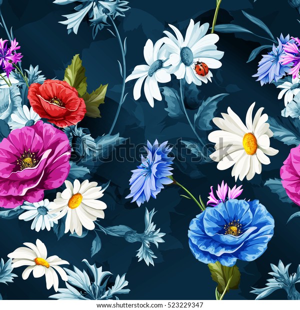 シームレスなケシの花とカモミール カモミール 葉 トウモロコシの花 ラディブの模様 ビンテージスタイル ベクター画像素材 のベクター画像素材 ロイヤリティフリー