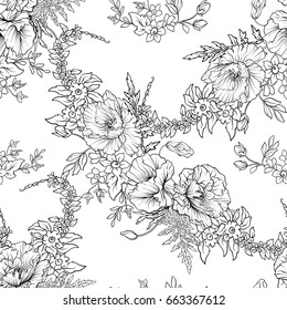 Seamless pattern with poppy flowers daffodil, anemone, violet in