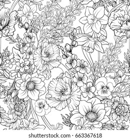 Seamless pattern with poppy flowers daffodil, anemone, violet in