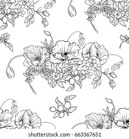 Seamless pattern with poppy flowers daffodil, anemone, violet in