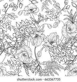 Seamless pattern with poppy flowers daffodil, anemone, violet in