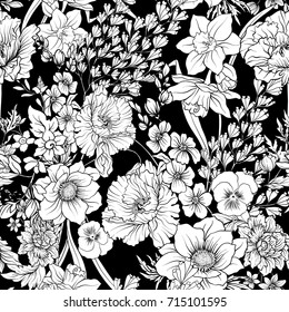 Seamless pattern with poppy flowers daffodil, anemone, violet 