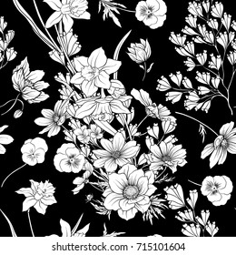 Seamless pattern with poppy flowers daffodil, anemone, violet 