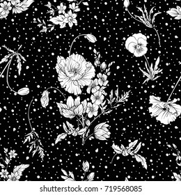 Seamless pattern with poppy flowers daffodil, anemone, violet