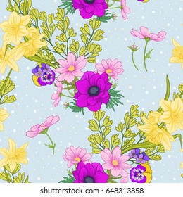 Seamless pattern with poppy flowers, daffodils, anemones, violets in botanical vintage style. On blue background with white polka dots. Stock line vector illustration.